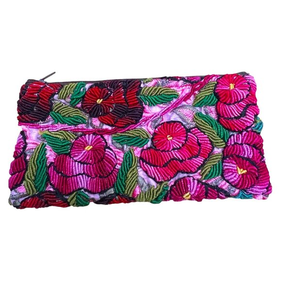 Artisan Handbags - Pink Floral | Guatemalan | Embroidered | Zippered | Cosmetic | Eyeglass | Bag
